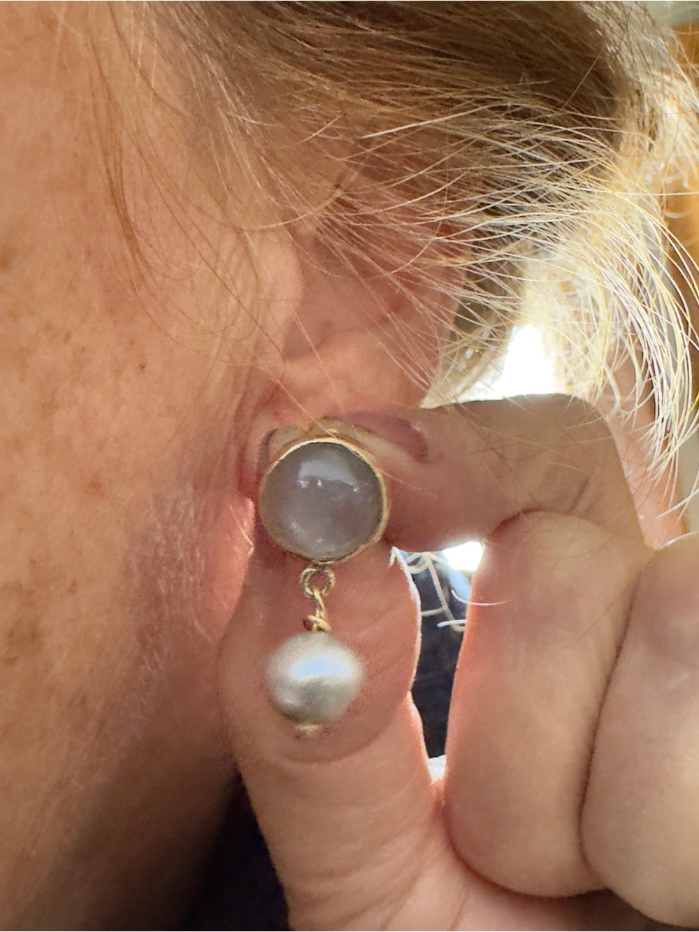 14k Grey moonstone & Pearl Earrings - Picture 3 of 8
